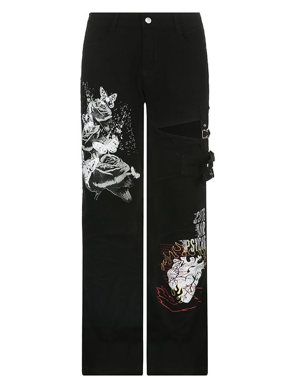 Punk Statement Suspended Printed Buckle Straps Straight Pants