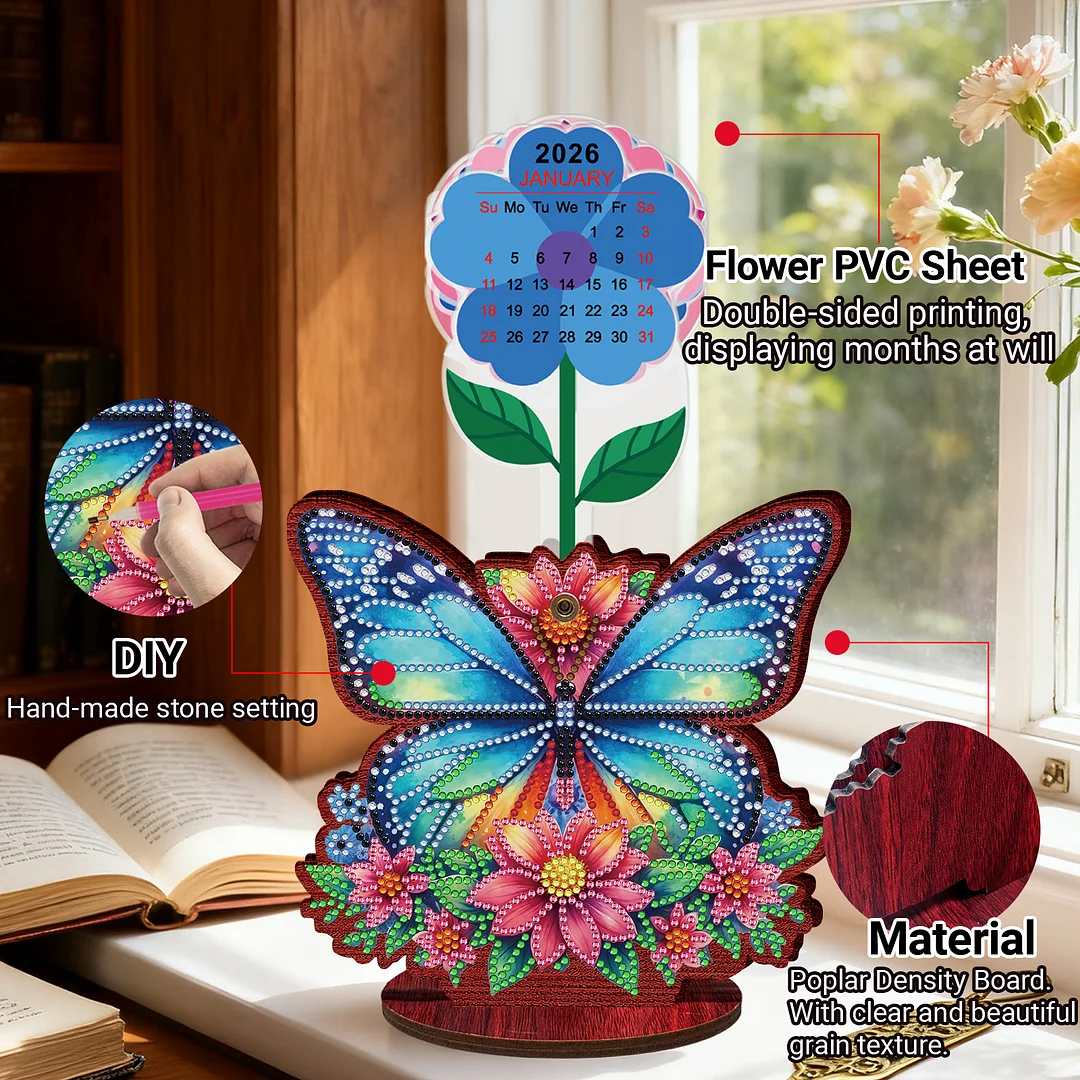 2026 Calendar DIY Diamond Art Kit Butterfly Wooden Diamond Painting Calendar
