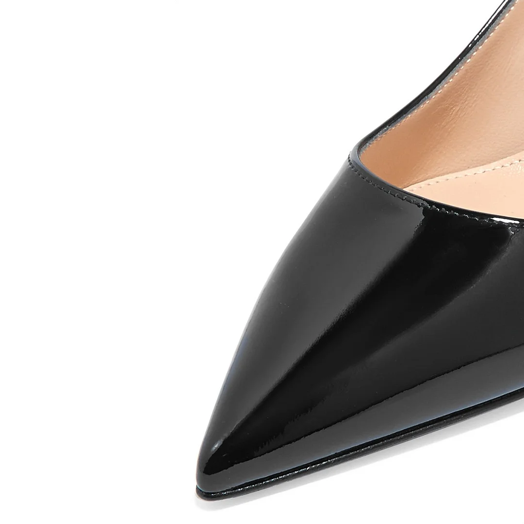 Patent Leather Pointed Toe Kitten Heel Buckle Slingback Pumps in Black