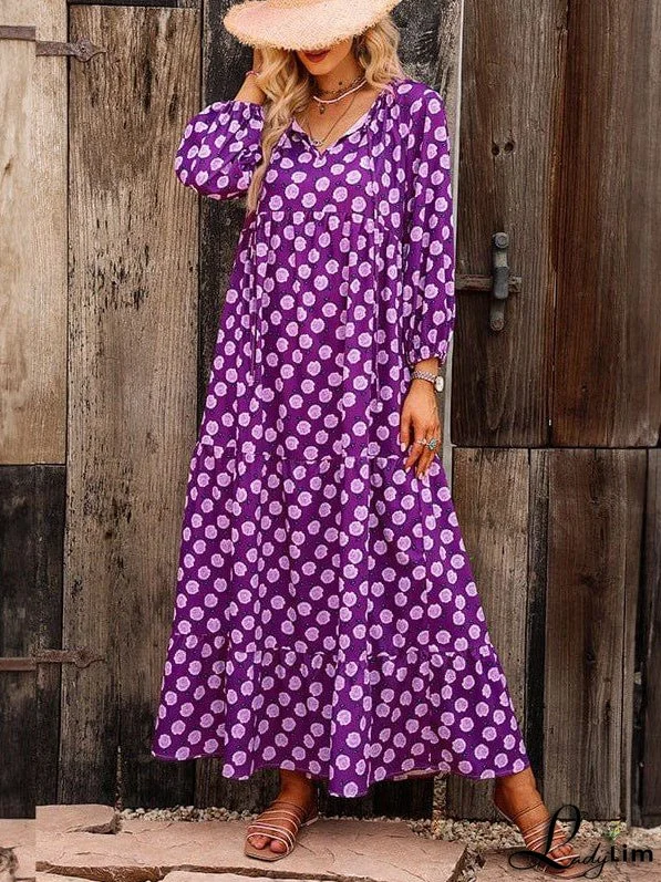 Polka Dot Print Purple Long Skirt With Versatile Styling