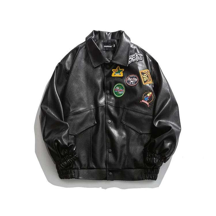 Leather Jacket Loose Motorcycle Jacket Top at Hiphopee