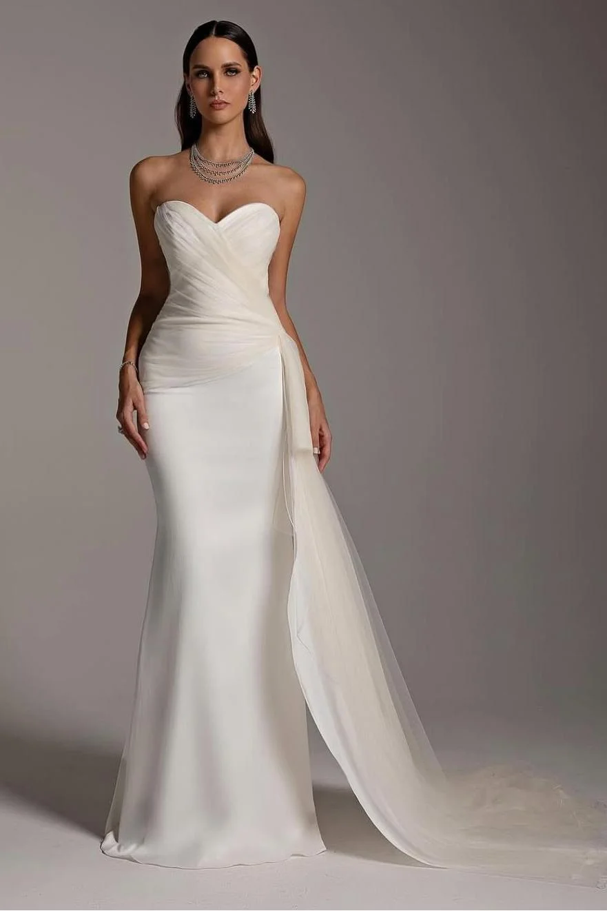Miabel Exquisite White Satin Sweetheart Strapless Sleeveless Tulle Long Wedding Dress with Pleated 