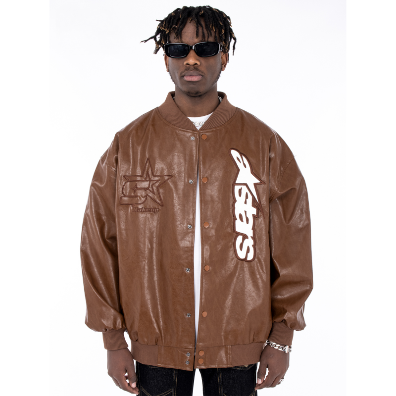 Embroidery Street Loose Leather Coat Men's Bomber Jackets-VESSFUL