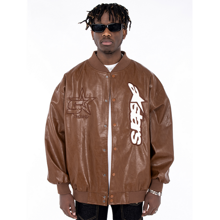 Embroidery Street Loose Leather Coat Men's Bomber Jackets at Hiphopee