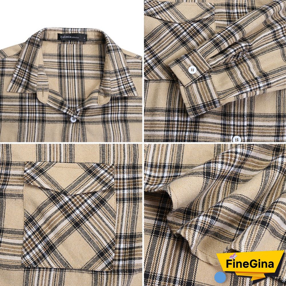 Plus Size Women Plaid Long Shirt Dress Lapel Collar Long Sleeve Pockets Casual Loose Mini Dress S-5XL