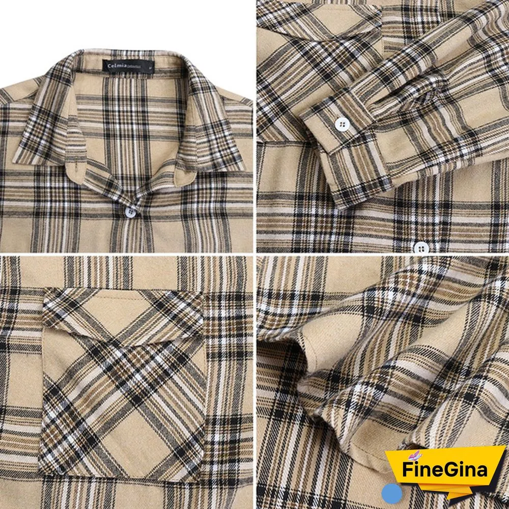 Plus Size Women Plaid Long Shirt Dress Lapel Collar Long Sleeve Pockets Casual Loose Mini Dress S-5XL
