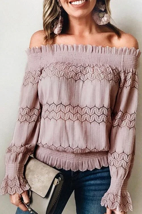 Off Shoulder Lace Crochet Ruffle Shirt(in 6 Colors)