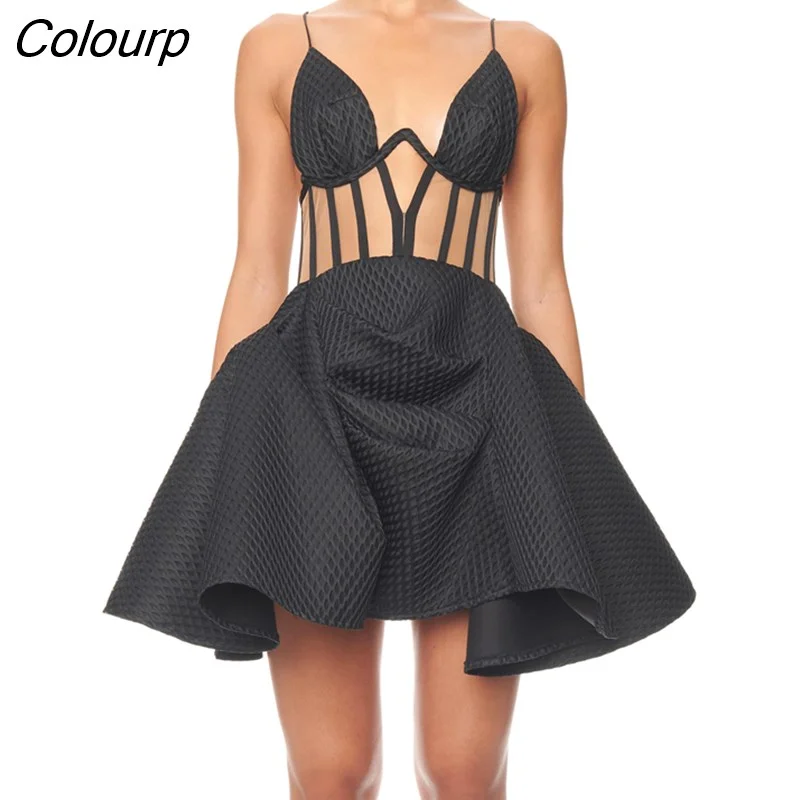 Colourp Black Summer Style Wome Strap V-Neck Sex Ball Gown Mini Dress Cute Girls' Vacation Birthday Party Dress Vestido