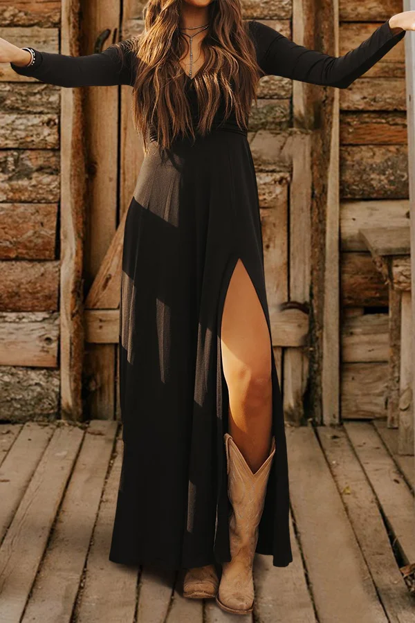 Beautiful V-neck Slit Long-sleeved Dress
