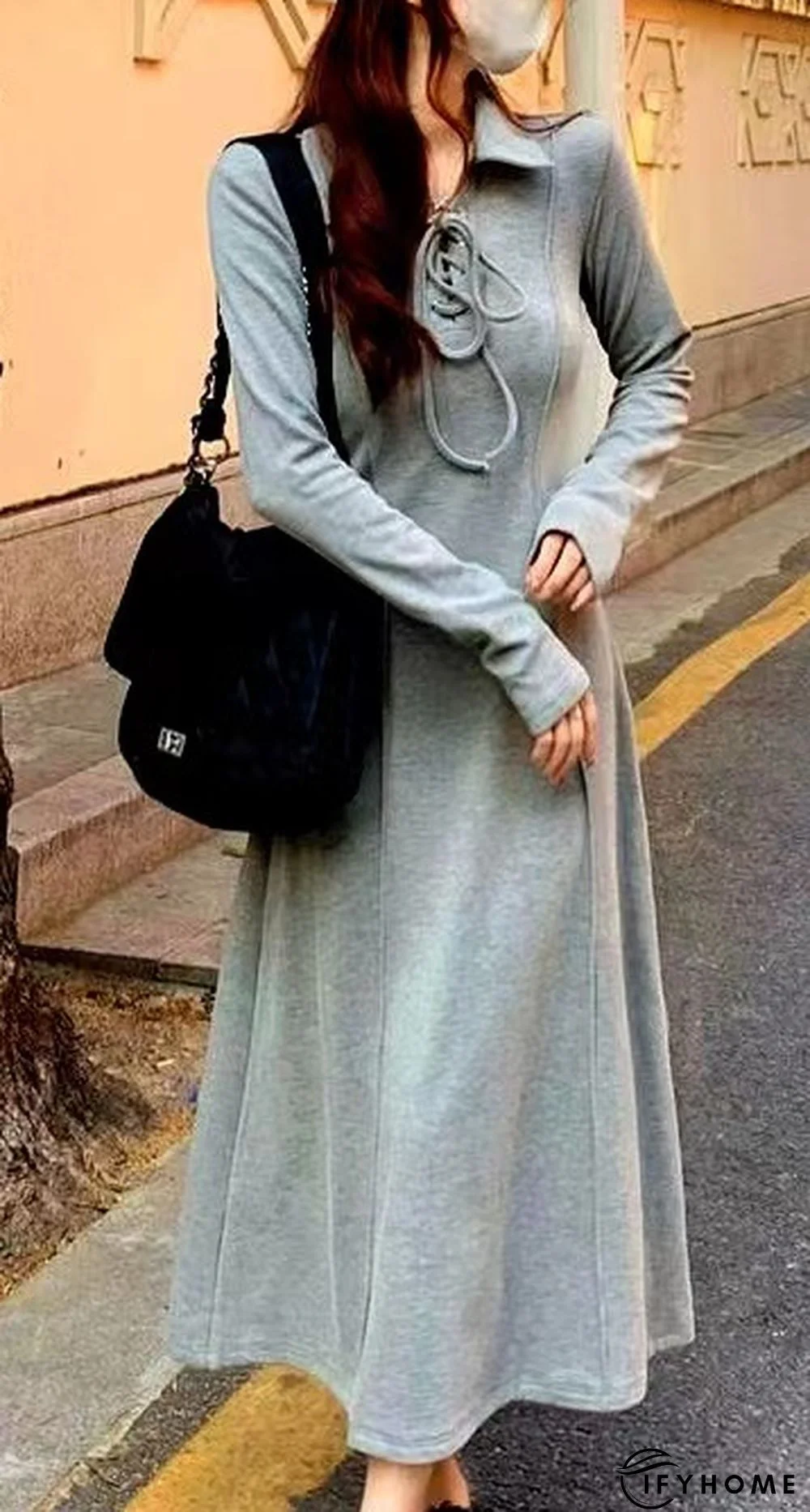 Casual Plain Crew Neck Loose Long sleeve Dress | IFYHOME