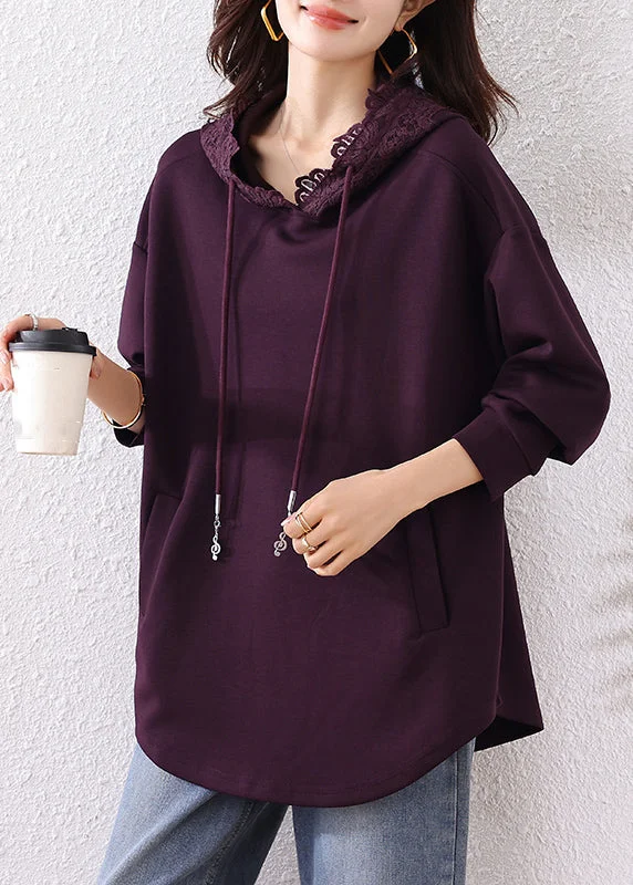 Purple Pockets Solid Cotton Fall Sweatshirts Hooded