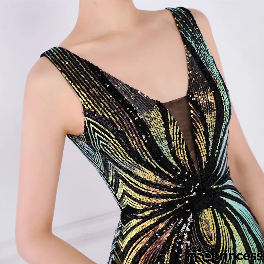Women Summer Black Formal V-neck Sleeveless Patchwork Sequined Mermaid Evening Dress