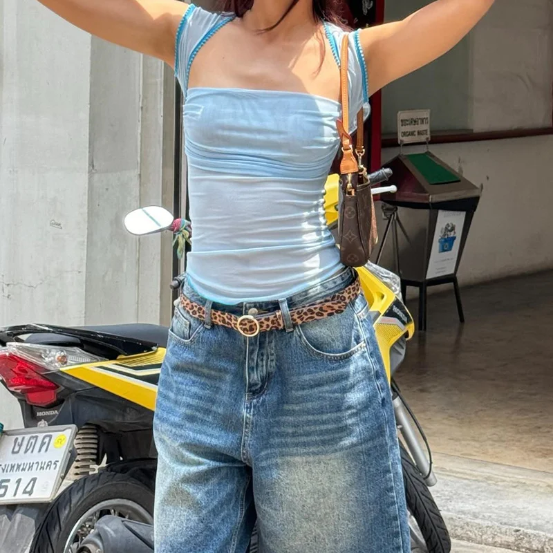 Uveng Uveng Summer New Sexy Hot Girl Pure Desire Square Get Net Gauze Perspective Short Sleeveless Vest Woman