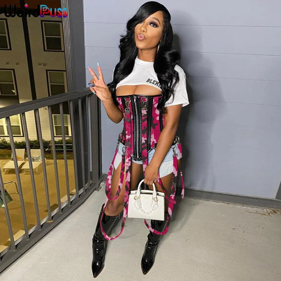 Nigikala Nigikala Cotton Women Camouflage Sling Corset Sleeveless Skinny Zipper Sexy Tank Top Asymmetry Party Clubwear Hot Street Outfits 1127-0