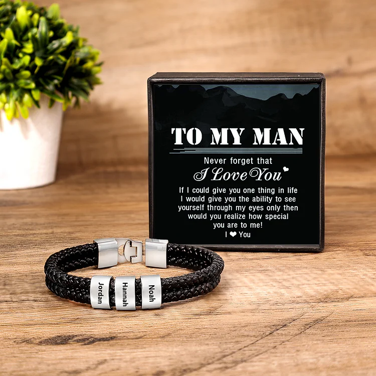 3 Names-Personalized To My Man Braided Leather Bracelet Set With Gift Card Gift Box-Custom Men's Bracelet Engraved 3 Names for Him
