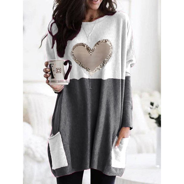 Morchoy Tunic Shirt With Pockets Casual T-shirt Dress Color Block Heart Print