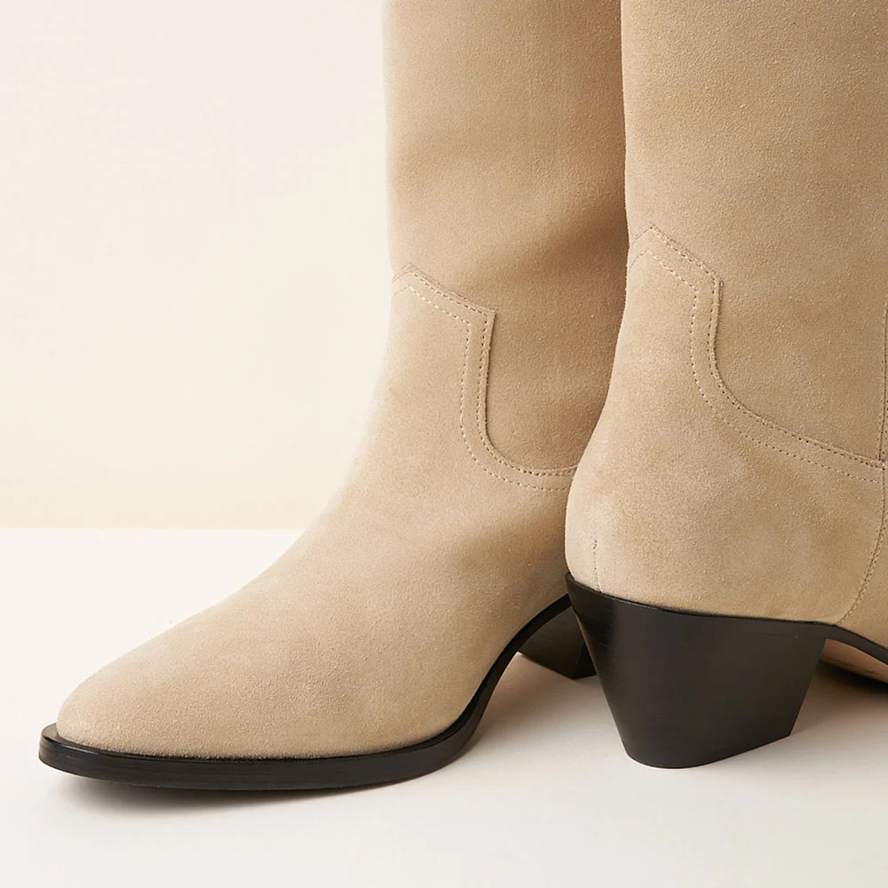 Beige Vegan Suede Chunky Heel Round Toe Western Boots for Women
