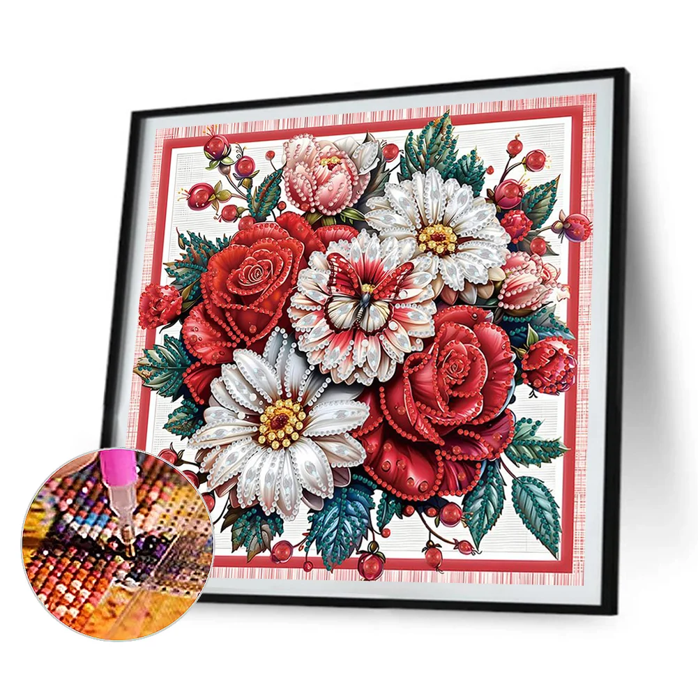 4pcs Diamond Painting - Partial Special Shaped Drill - Red Flower(Canvas|30*30cm)