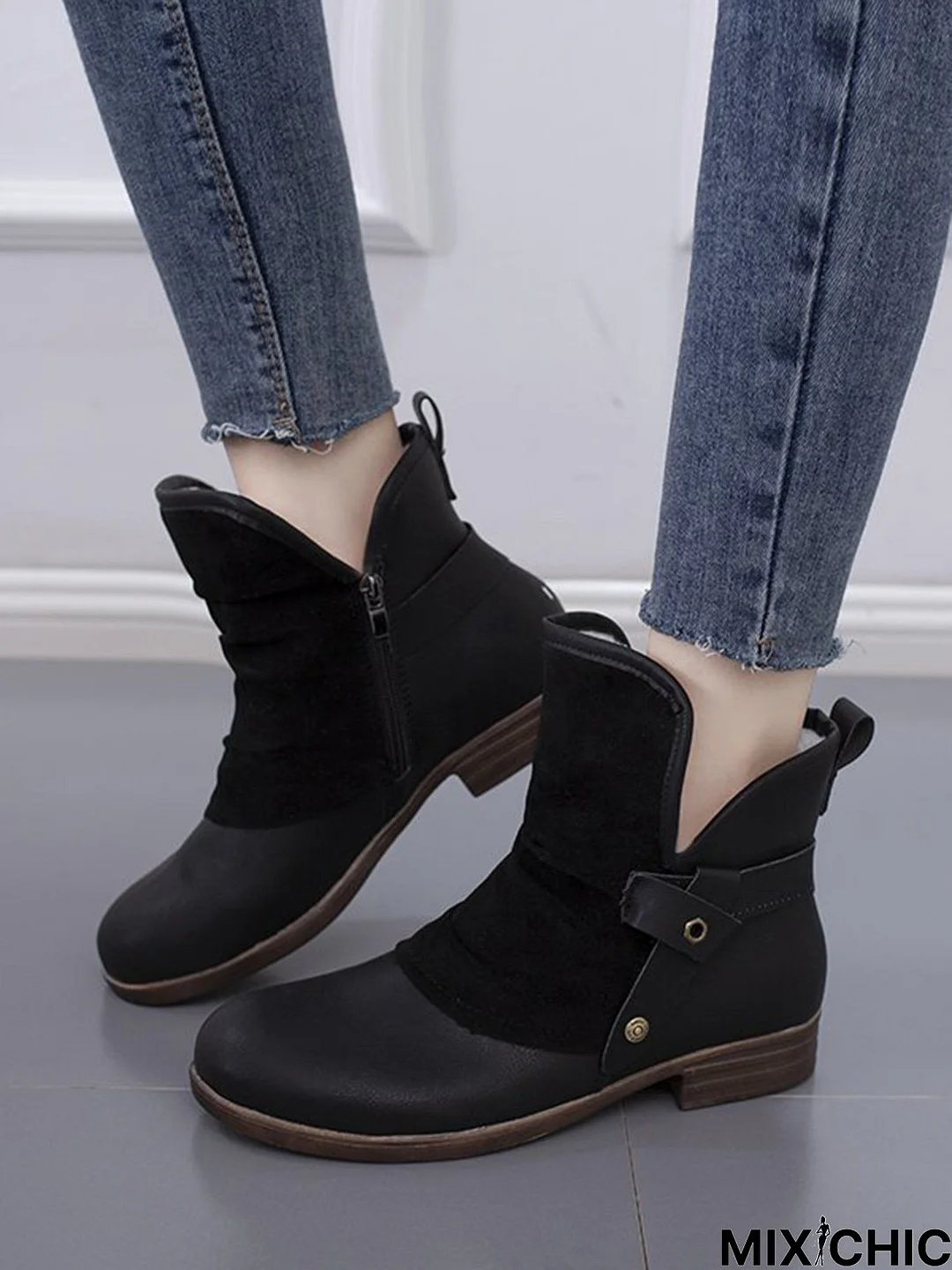 Anti-Suede Buckle Panel Vintage Insulated Booties