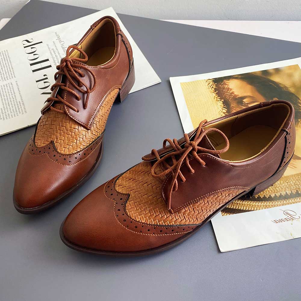 Brown Vegan Leather Round Toe Flat Lace Up Woven Inlay Oxford Shoes Nicepairs
