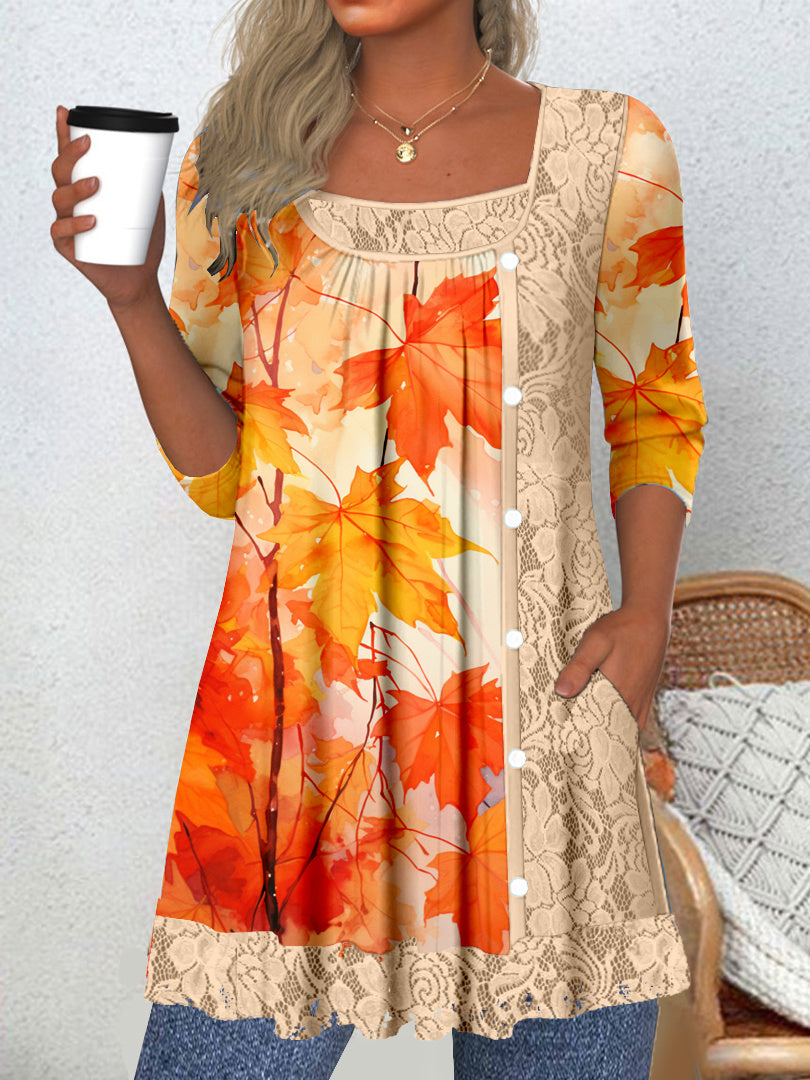 Women's Long Sleeve Scoop Neck Graphic Lace Buttons Top