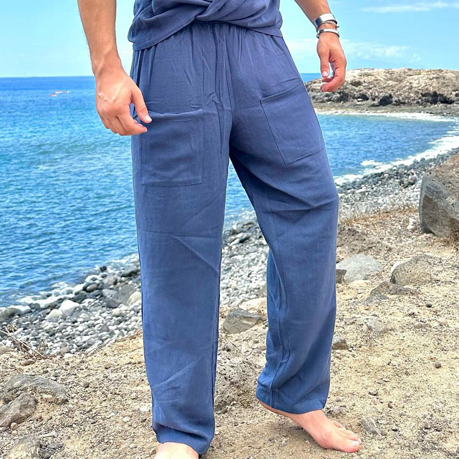 Men's Cotton And Linen Texture Navy Blue Casual Vacation Hawaiian Beach Trousers / TECHWEAR CLUB / Techwear
