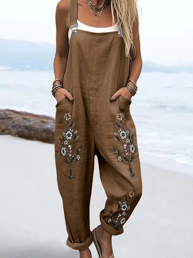 Women's Casual Embroidered Cotton and Linen Overalls 