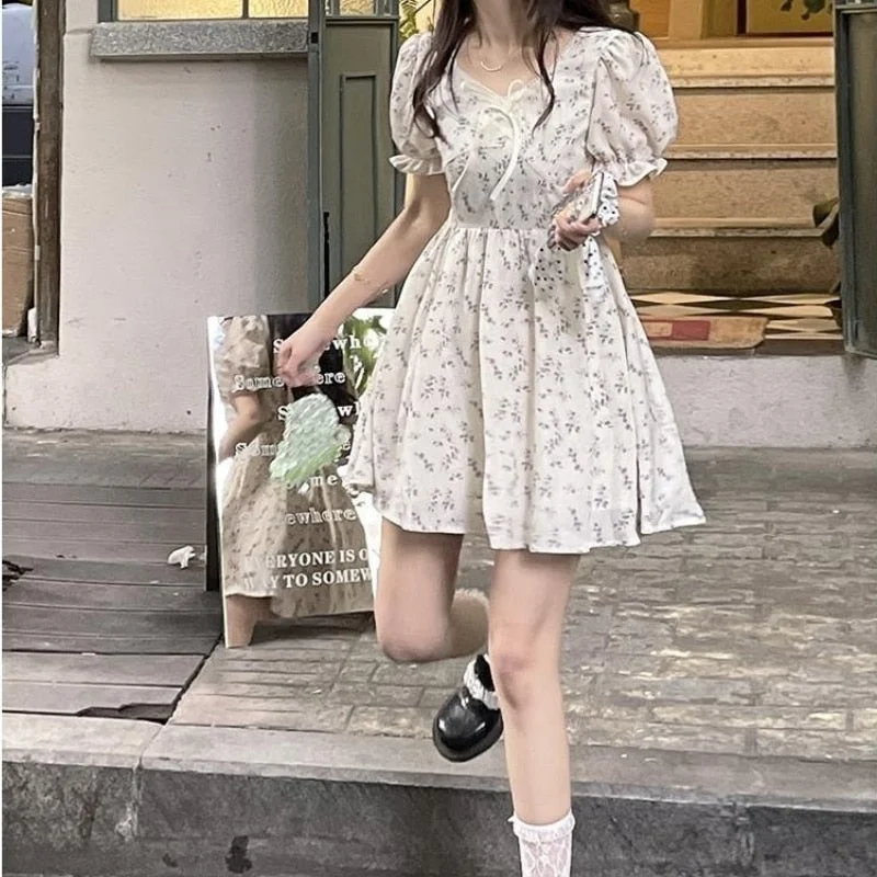 Dress Women Short Puff Sleeves Tender Tunic Empire French Chiffon Cozy Floral Apricot Romance Girlish Summer Vacation Vestido