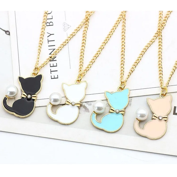 Black/White/Blue/Pink Kawaii Pearl Cat Necklace SP1812323
