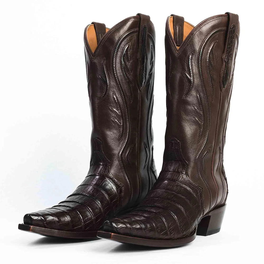 Chic Brown Snip Toe Chunky Heel Croc Embossed Western Boots for Women