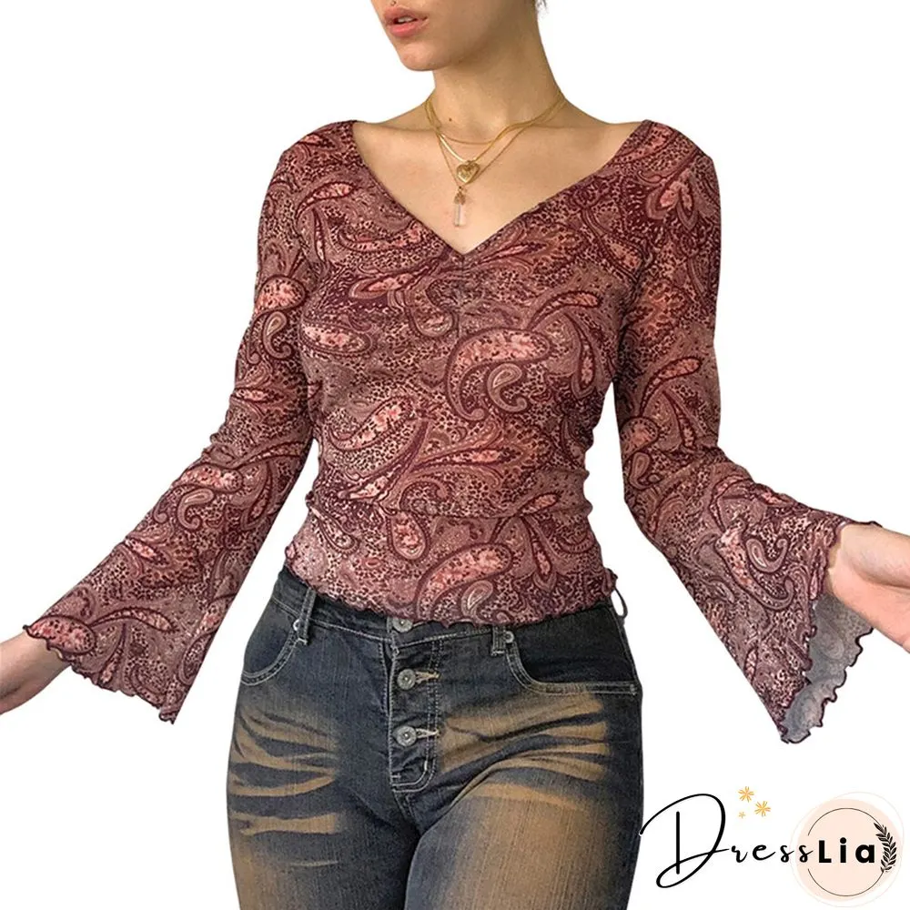 Print Top Retro Y2k Grunge Fairycore Neck Shirt Flared Long Sleeve Pullovers Women Autumn