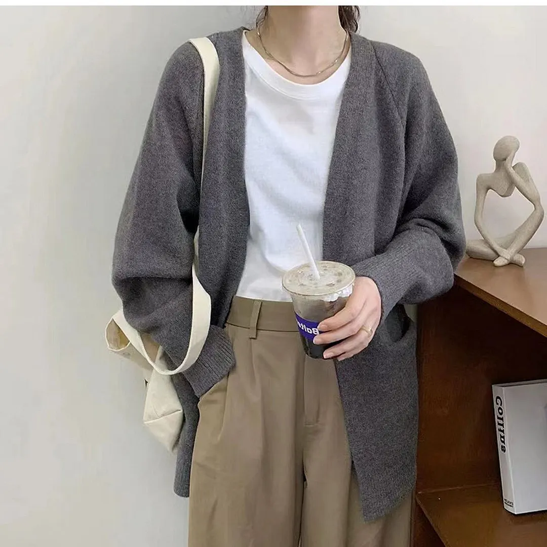 Churchf Churchf Pure Color Autumn Winter 2024 New Lazy Wind Loose Outside Wear V-Neck Knit Cardigan Jacket Sweater Coat Female
