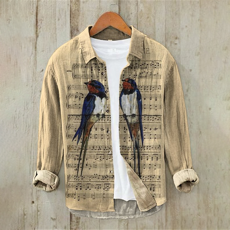 Comstylish Birds Music Score Art Linen Blend Shirt