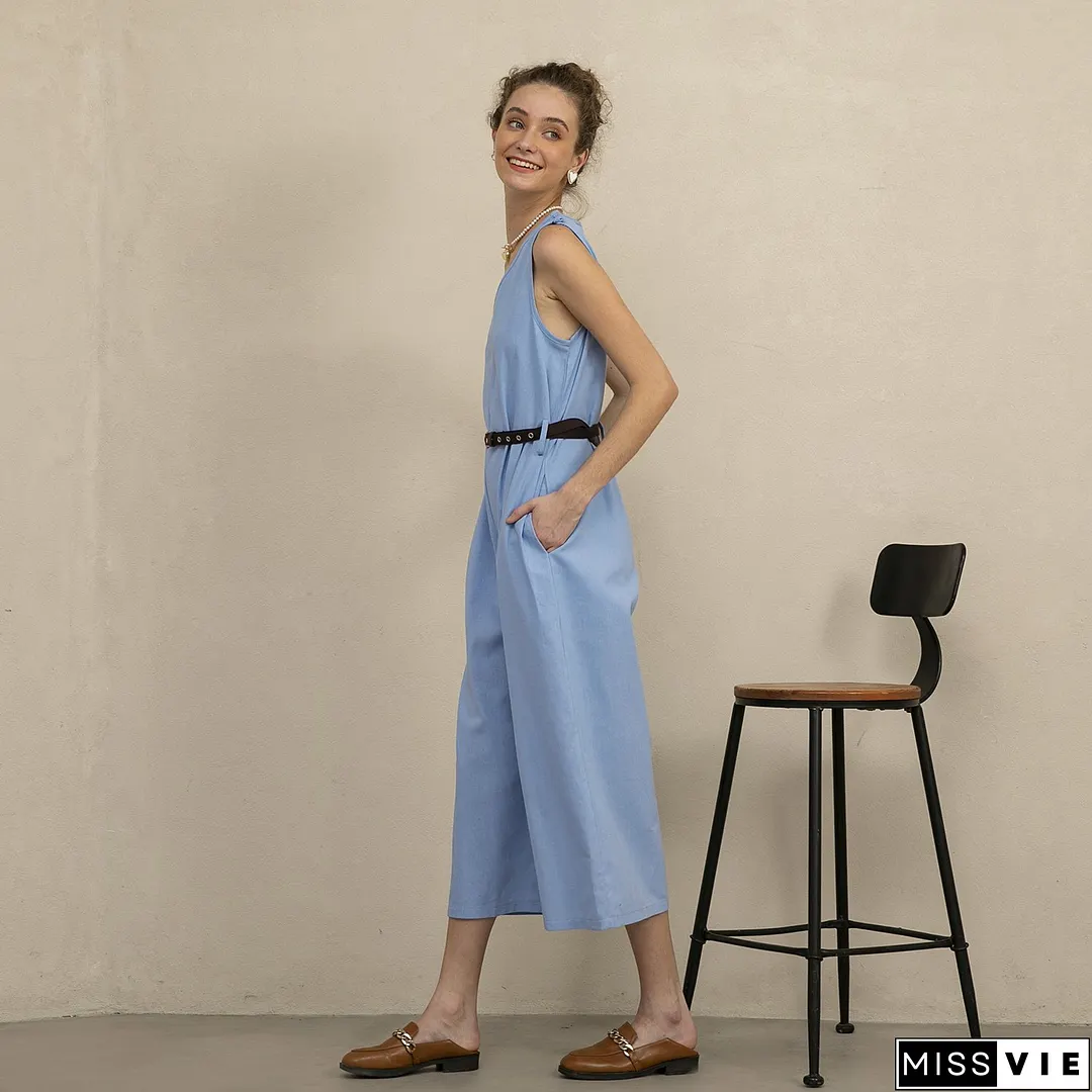 Women's Sleeveless V-Neck Cotton Linen Jumpsuit
