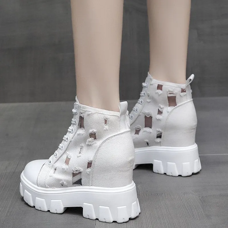 2022 Autumn Hollow Out Canvas Ankle Boots For Women Round Toe Lace Up Hidden Heels Shoes Woman Chunky Platform Booties