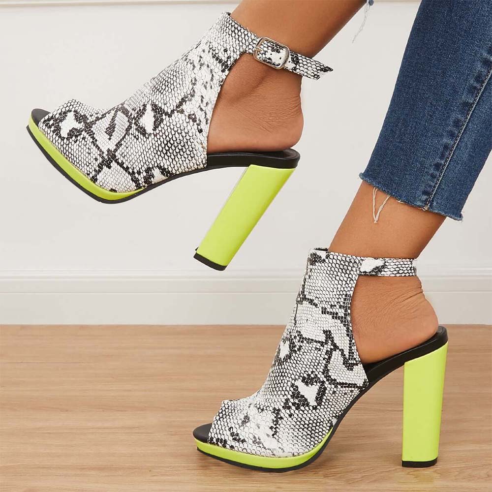 Multicolor Snakeskin Peep Toe 4'' Chunky Heel Ankle Strap Sandals Nicepairs