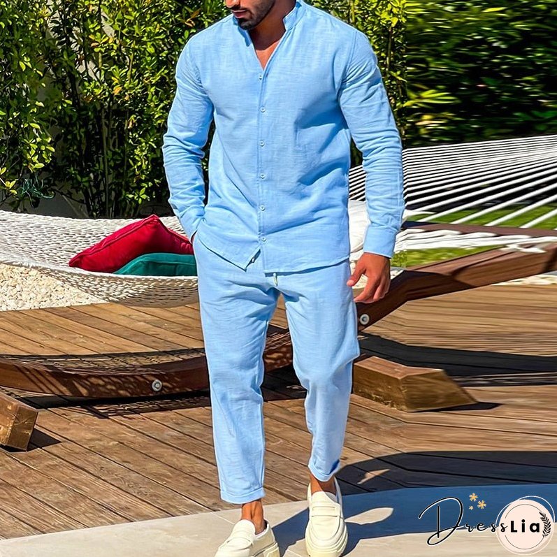 Cotton Linen Mens Sets Spring Summer Casual Long Sleeve Buttoned Stand Collar Shirt