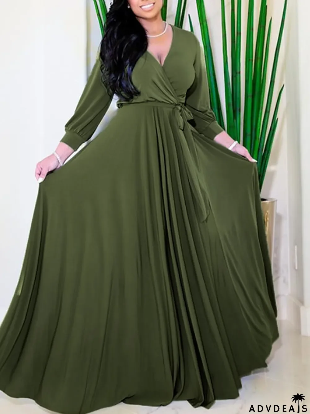 Women\u2018s Plus Size Curve Party Dress Solid Color V Neck Ruched Long Sleeve Winter Fall Elegant Prom Dress Maxi long Dress Formal Party Dress