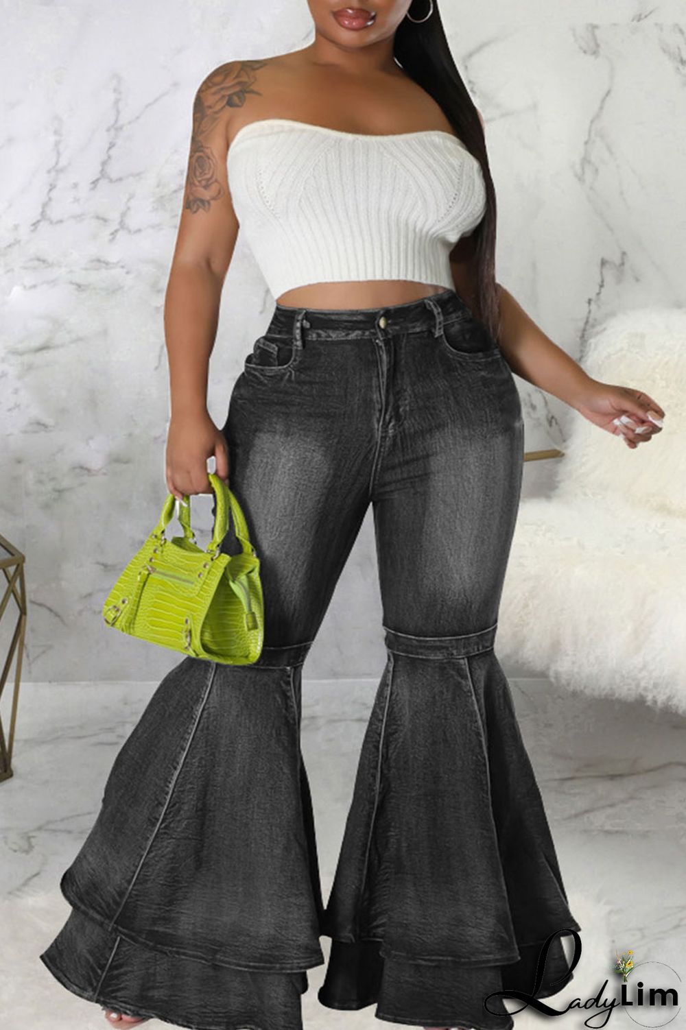Black Street Solid Patchwork Plus Size Jeans