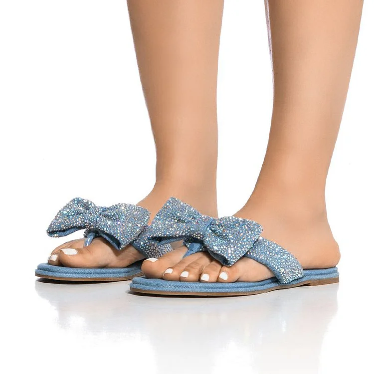 Blue Denim Flat Mules Open Toe Rhinestones Bow Thong Sandals |FSJ Shoes