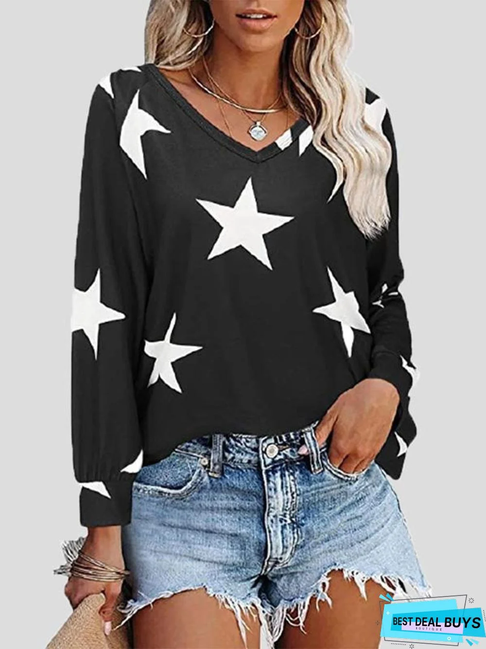 Black Stars Printed Casual Long Sleeve V Neck Shift Tops