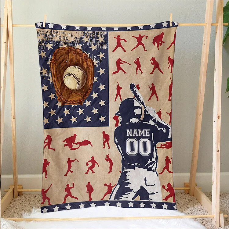 Personalized Baseball Blanket, Player US Flag Soft Cozy Blankets | BKKid352