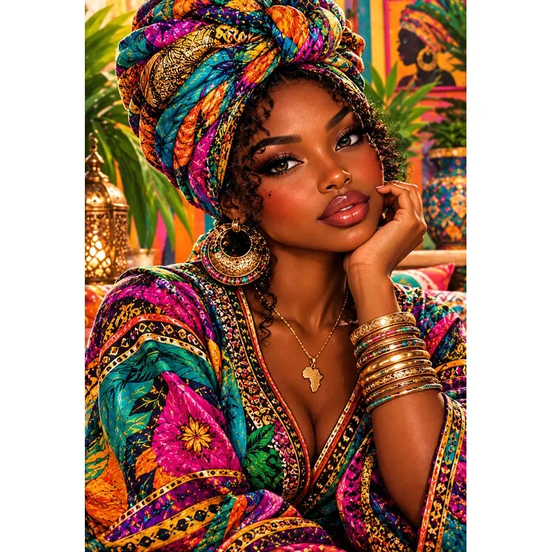 Jesbrilli Collaboration |Colorful African Woman– Full Drill with AB & Fairy Dust Detail Highlights – Full Round/Square Diamond Painting (Velvet Cloth)