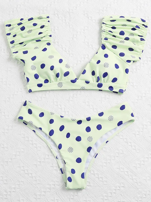 Polka-Dot Puff Sleeves Split Tankini Swimsuit 