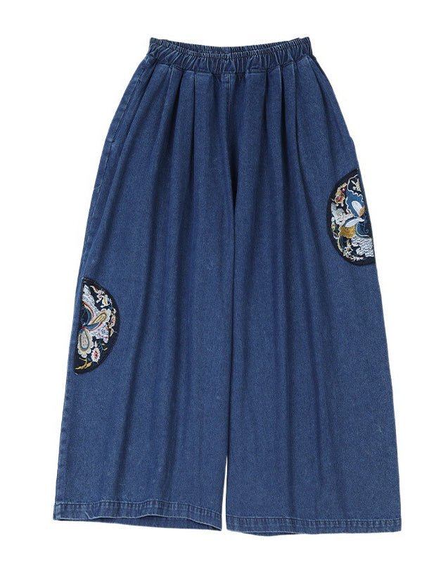 Women's Denim Embroidery Retro Loose Casual Wide Leg Pants Solid Color Straight Pants