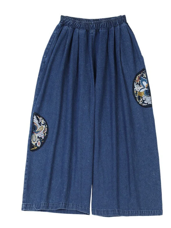 Women's Denim Embroidery Retro Loose Casual Wide Leg Pants Solid Color Straight Pants