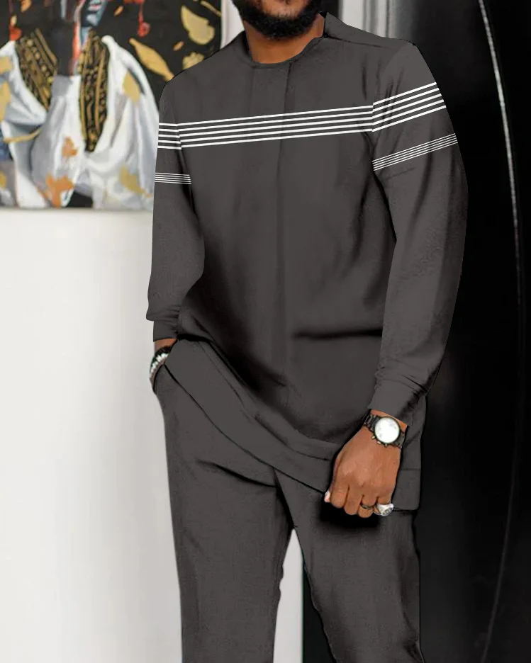 Men's Striped Color Block Print Long Sleeve Walking Suit - 828
