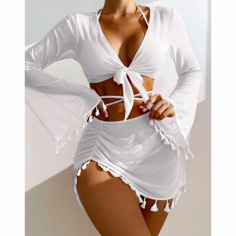 Wongn Wongn New Conservative Four-Piece Set Solid Color Tassel Gauze Skirt Bikini Swimsuit Woman