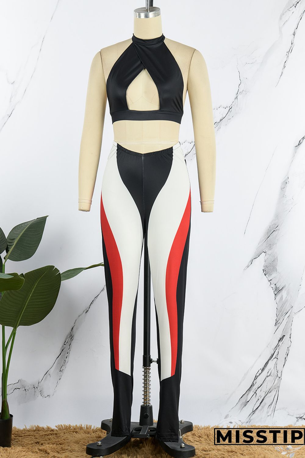Olive Green Sexy Patchwork Hollowed Out Backless Contrast Halter Sleeveless Two Pieces