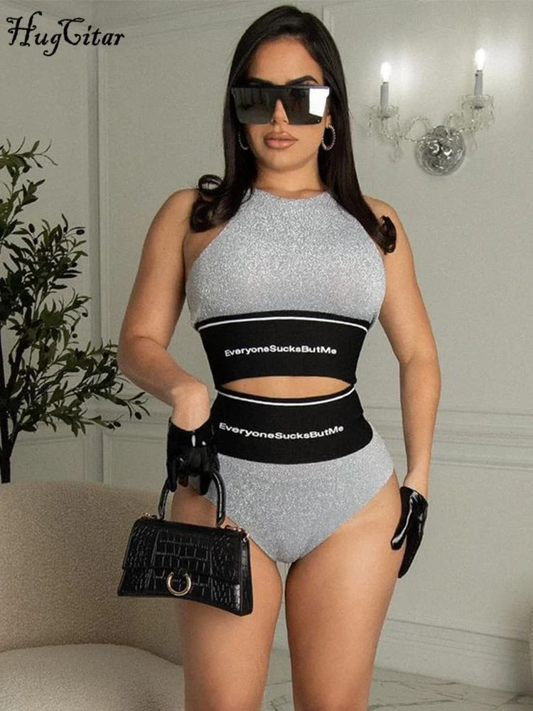 Hugcitar Letter Print Gold Wire Sleeveless Sexy Crop Top Mini Shorts 2 Pieces Suits 2021 Fall Women Fashion Streetwear